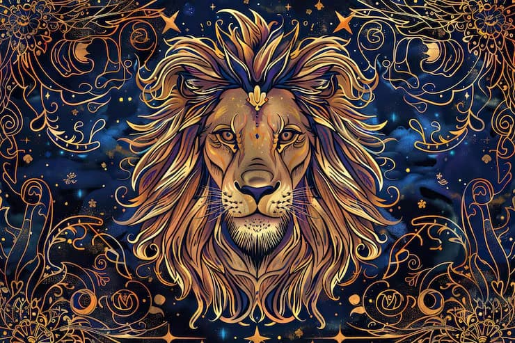 An illustrated lion's head framed by golden ornaments on a starry night sky